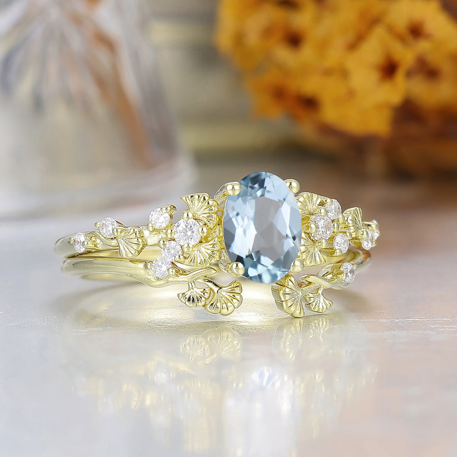 Ginkgo Leaf Oval Cut Aquamarine Engagement Ring Set 14K Solid Gold March Birthstone Women Ring