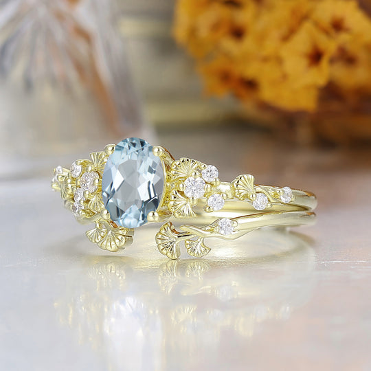 Ginkgo Hoja Oval Corte Aguamarina Anillo de Compromiso Conjunto 14K Oro Macizo Piedra de Nacimiento de Marzo Anillo para Mujer