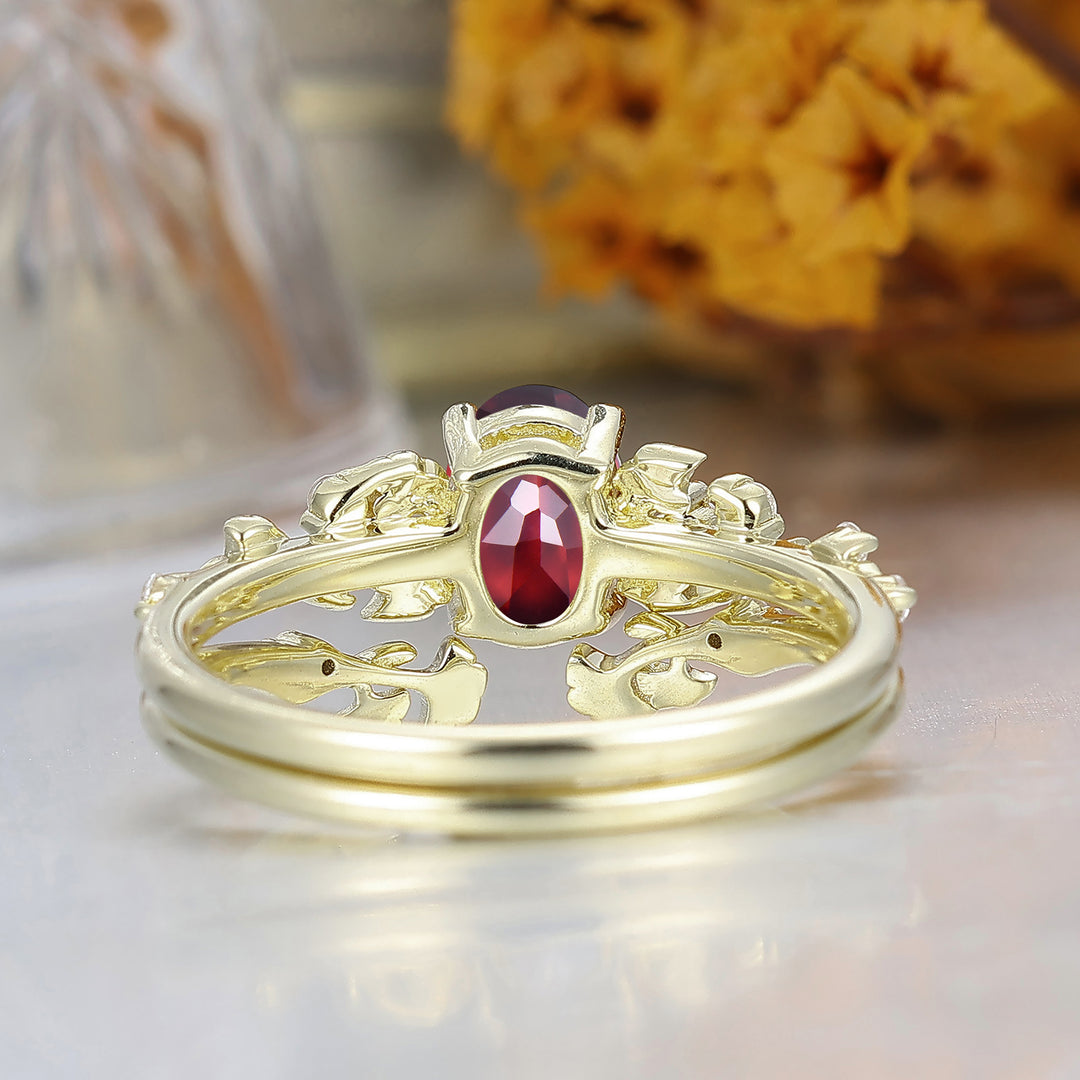 Unique Ginkgo Leaf Oval Cut Red Garnet Engagement Ring Handmade Women Ring Bridal Ring