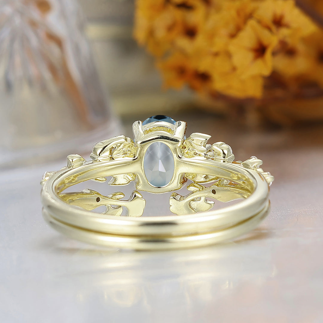 Ginkgo Hoja Oval Corte Aguamarina Anillo de Compromiso Conjunto 14K Oro Macizo Piedra de Nacimiento de Marzo Anillo para Mujer