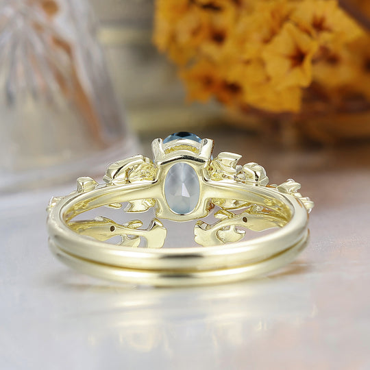 Ginkgo Hoja Oval Corte Aguamarina Anillo de Compromiso Conjunto 14K Oro Macizo Piedra de Nacimiento de Marzo Anillo para Mujer