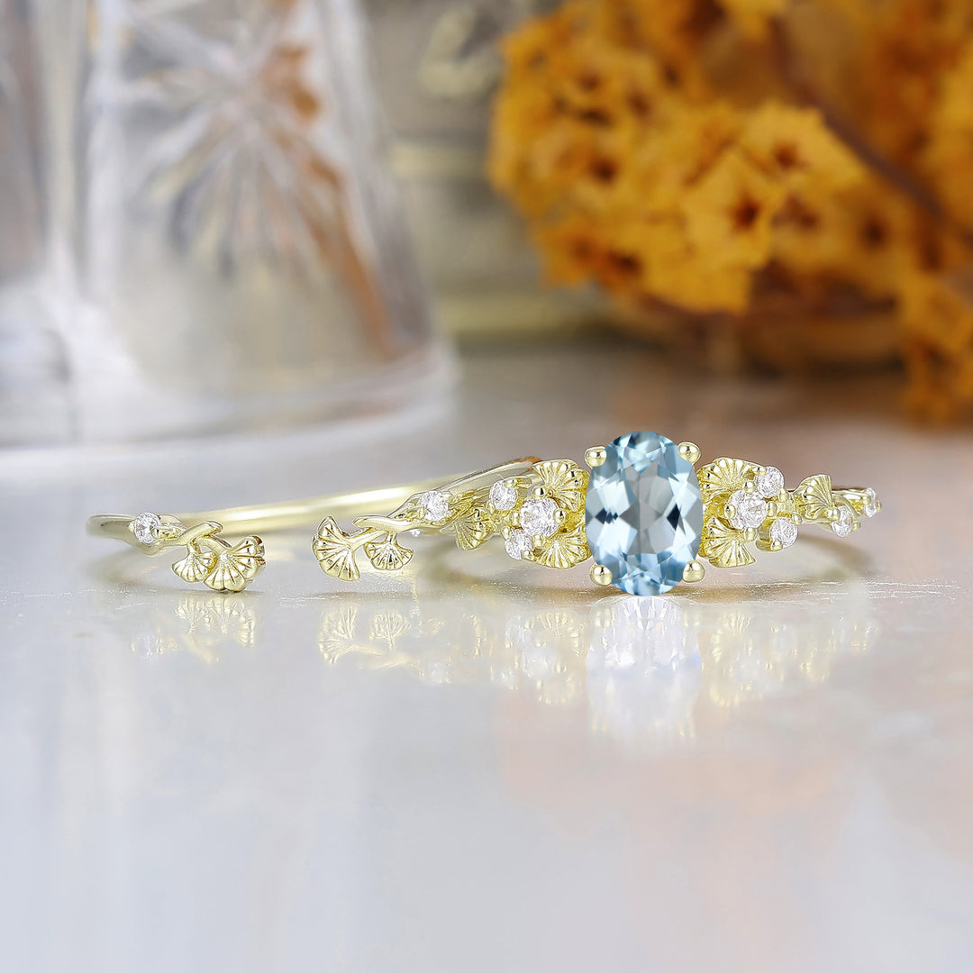 Ginkgo Hoja Oval Corte Aguamarina Anillo de Compromiso Conjunto 14K Oro Macizo Piedra de Nacimiento de Marzo Anillo para Mujer
