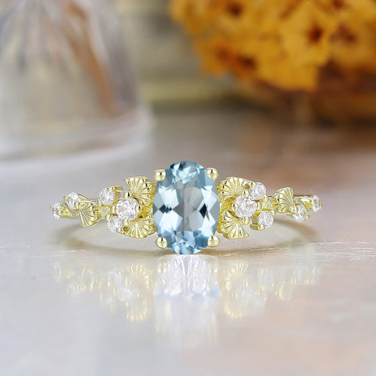 Art Deco Ovale Vorm Aquamarijn Maart Geboortesteen Damesring Ginkgo Ontwerp Bruidsring