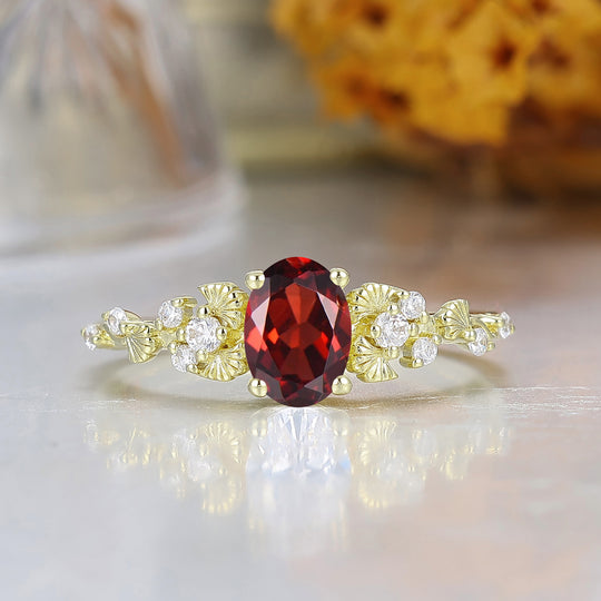 Unique Ginkgo Leaf Oval Cut Red Garnet Engagement Ring Handmade Yellow Gold Women Ring Bridal Ring