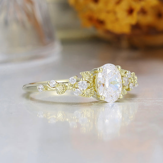 Einzigartiger Ginkgo-Blatt-Ovalschliff-Moissanit-Verlobungsring Handgefertigt Gelbgold Damenring Brautring