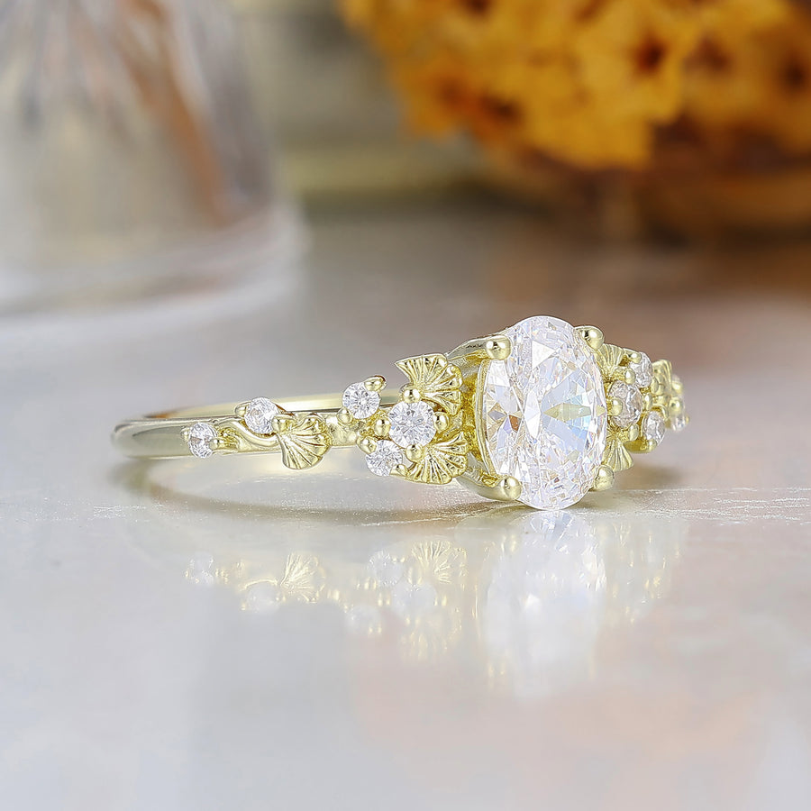 Unique Ginkgo Leaf Oval Cut Moissanite Engagement Ring Handmade Yellow Gold Women Ring Bridal Ring