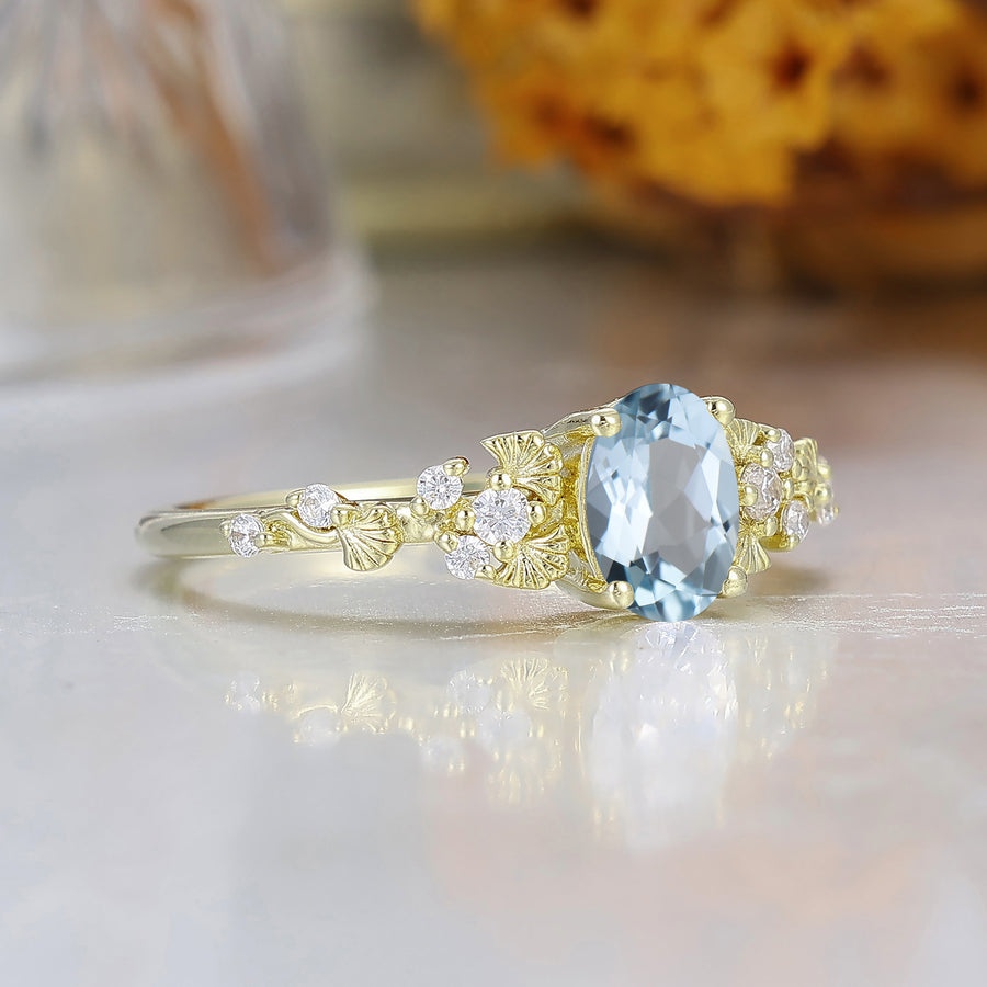 Art Deco Oval Shape Aquamarine March Birthstone Women Ring Ginkgo Design Bridal Ring