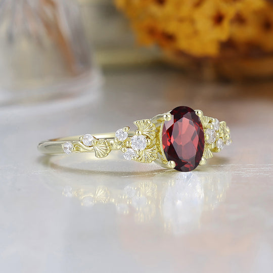 Unique Ginkgo Leaf Oval Cut Red Garnet Engagement Ring Handmade Yellow Gold Women Ring Bridal Ring