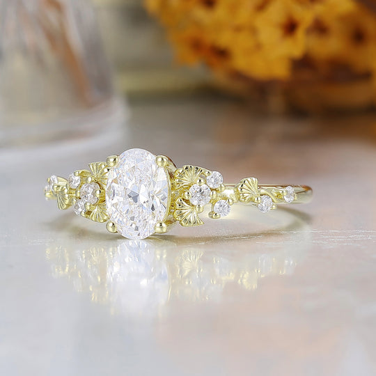 Einzigartiger Ginkgo-Blatt-Ovalschliff-Moissanit-Verlobungsring Handgefertigt Gelbgold Damenring Brautring