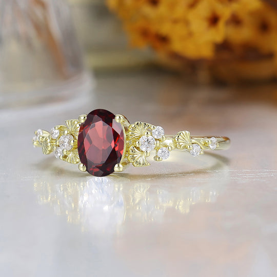 Unique Ginkgo Leaf Oval Cut Red Garnet Engagement Ring Handmade Yellow Gold Women Ring Bridal Ring