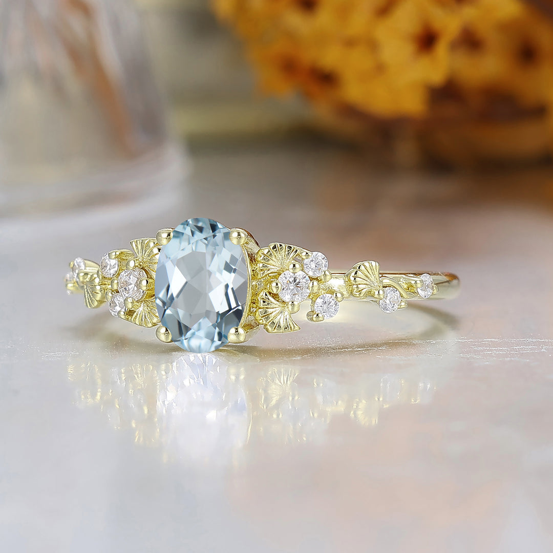 Art Deco Ovale Vorm Aquamarijn Maart Geboortesteen Damesring Ginkgo Ontwerp Bruidsring