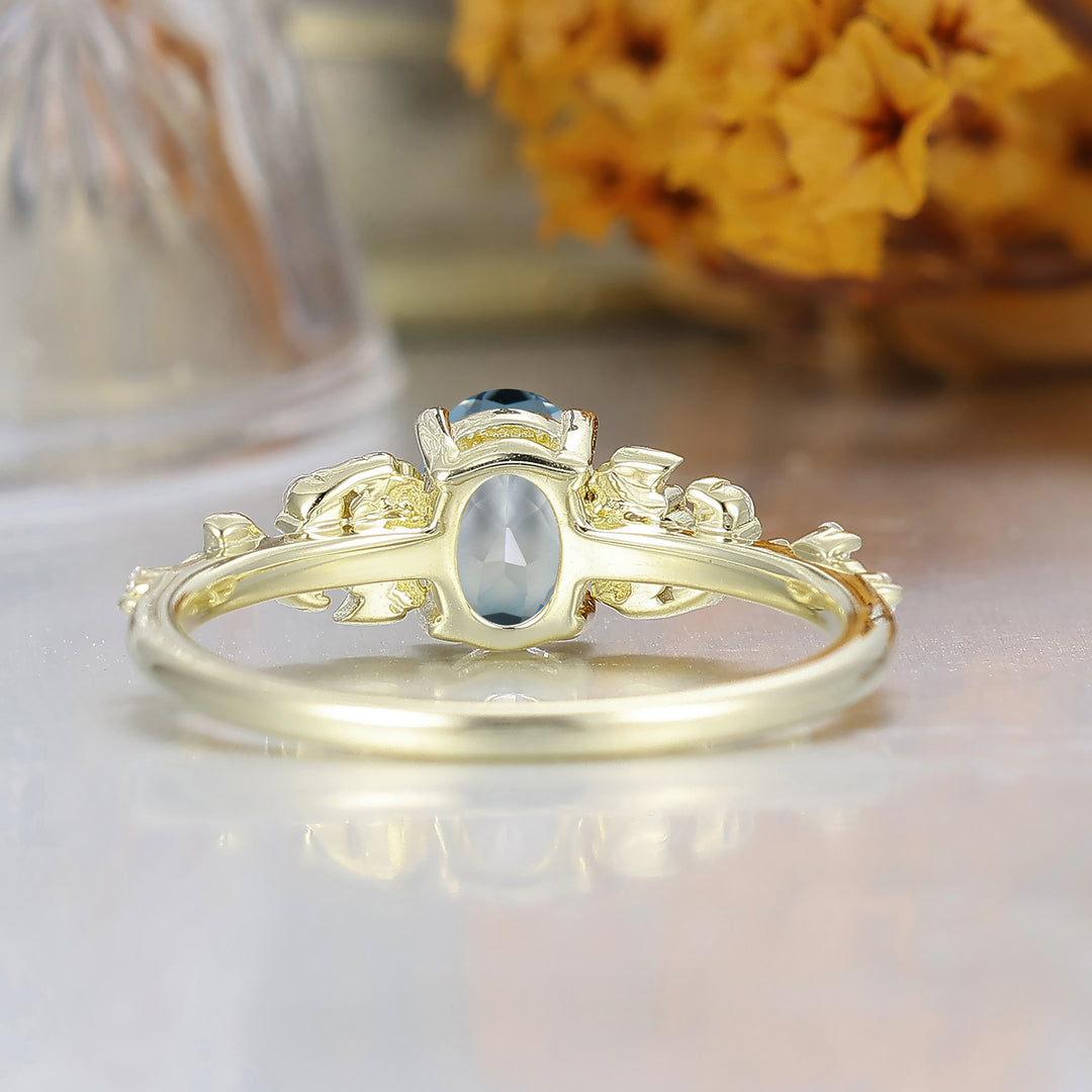 Art Deco Ovale Vorm Aquamarijn Maart Geboortesteen Damesring Ginkgo Ontwerp Bruidsring