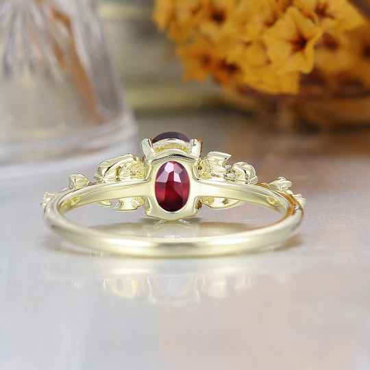 Unique Ginkgo Leaf Oval Cut Red Garnet Engagement Ring Handmade Yellow Gold Women Ring Bridal Ring