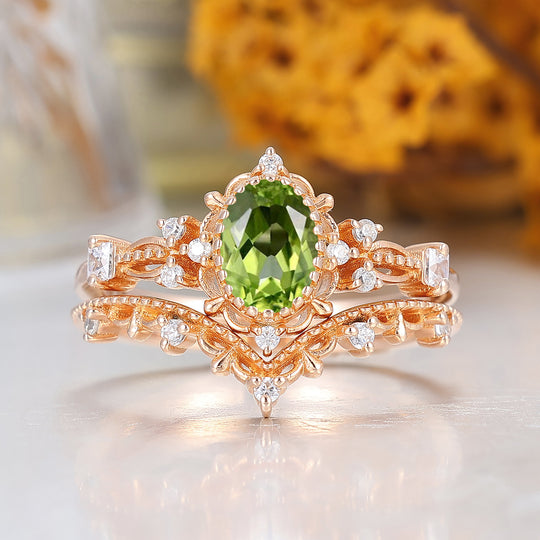 Vintage Blumen Peridot Brautring Set 14K Massivgold Jubiläumsring für Damen