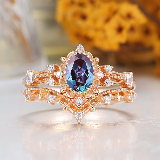 Vintage Inspired Milgrain 1CT Oval Cut Alexandrite Bridal Ring Set Solid Rose Gold Filigree Wedding Rings