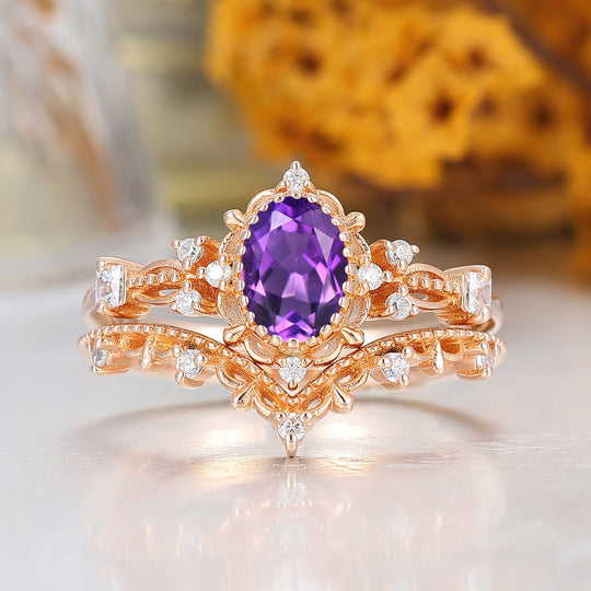 Ensemble de bagues de mariage Art déco Milgrain avec améthyste naturelle, bague anniversaire pour femme en or 14 carats