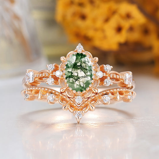 Vintage Floral Oval Shape Moss Agate Engagement Ring Set Rose Gold Milgrained Women Ring -  Esdomera.com
