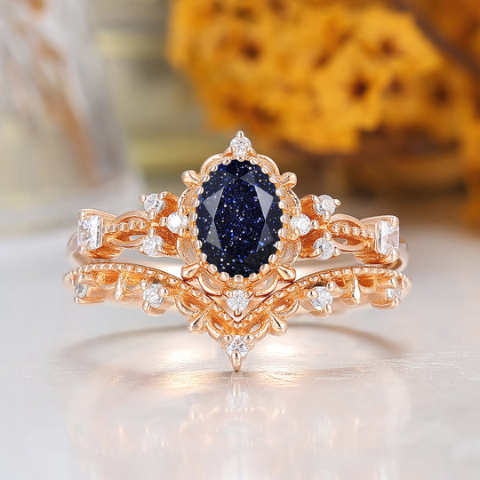 Antique Filigreed Milgrained Blue Sandstone Bridal Ring Set Handmade Promise Rings