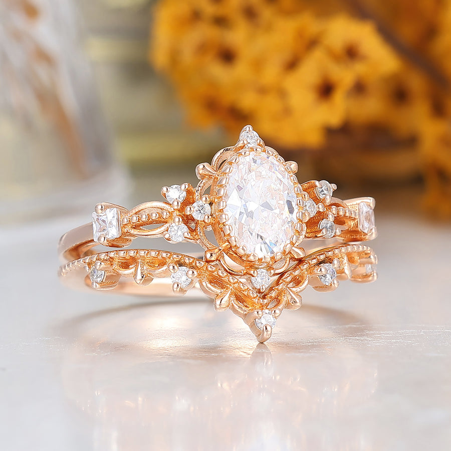 Antique Milgrained 1CT Oval Moissanite Engagement Ring Set Vintage 14K Rose Gold Filigreed Bridal Ring