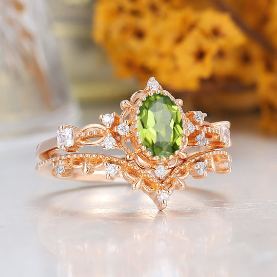 Vintage Blumen Peridot Brautring Set 14K Massivgold Jubiläumsring für Damen