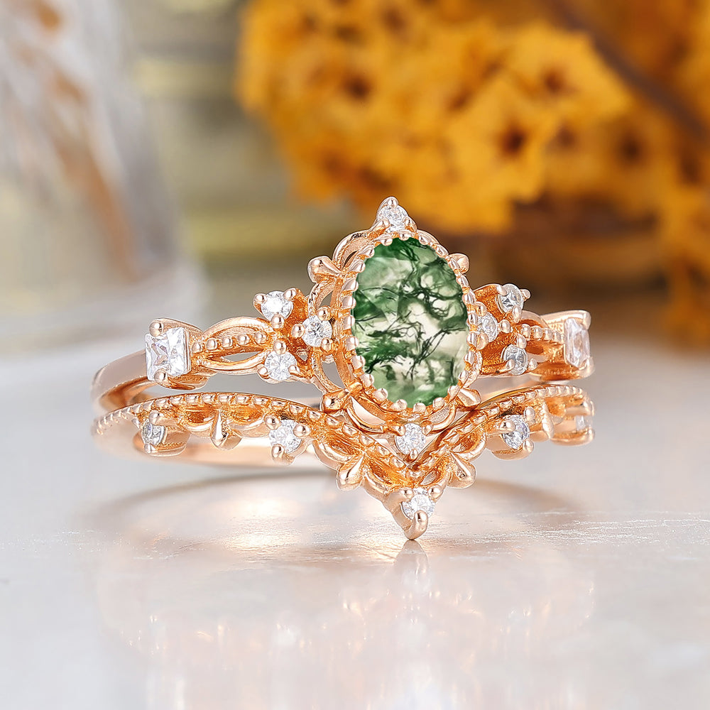 Vintage Floral Oval Shape Moss Agate Engagement Ring Set Rose Gold Milgrained Women Ring