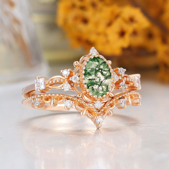 Vintage Floral Oval Shape Moss Agate Engagement Ring Set Rose Gold Milgrained Women Ring -  Esdomera.com