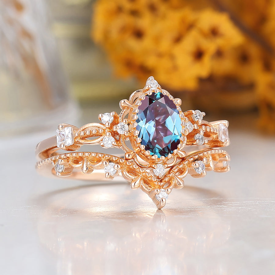Vintage Inspired Milgrain 1CT Oval Cut Alexandrite Bridal Ring Set Solid Rose Gold Filigree Wedding Rings