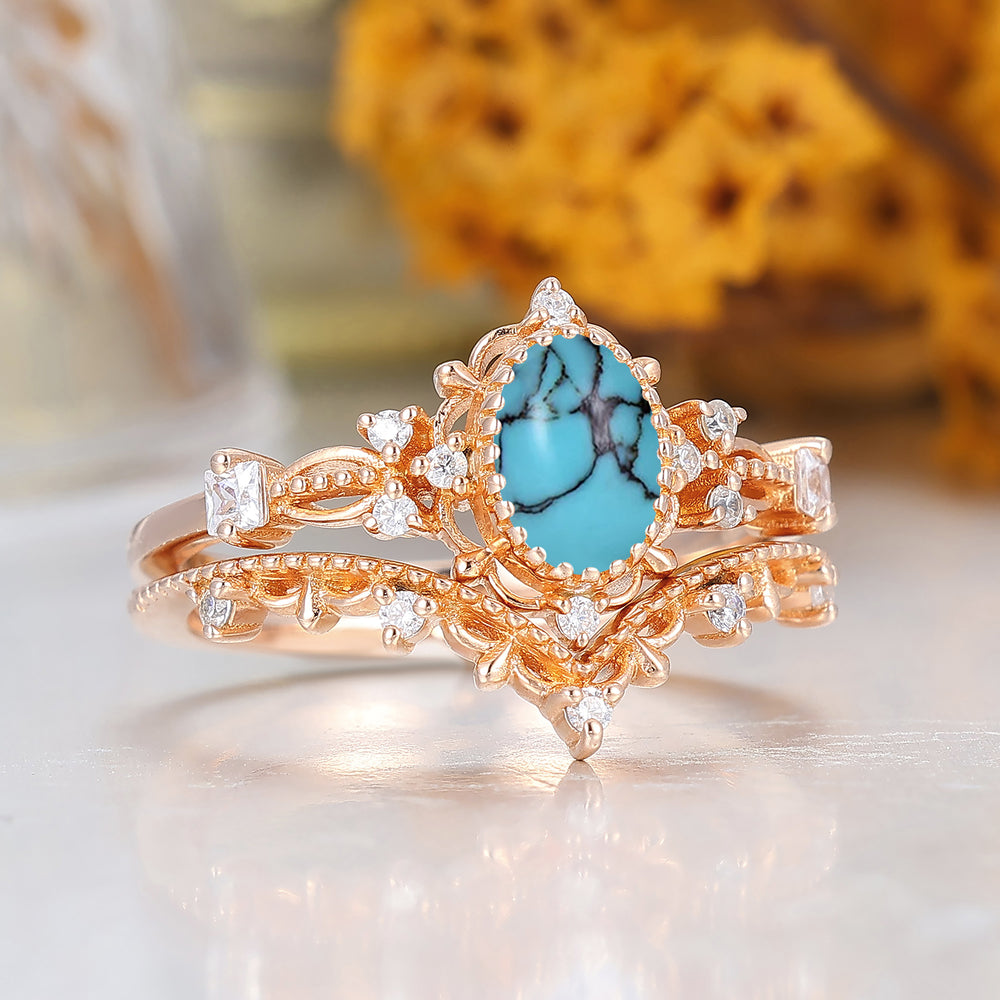 Vintage Filigreed Turquoise Engagement Ring Set Anniversary Promise Rings