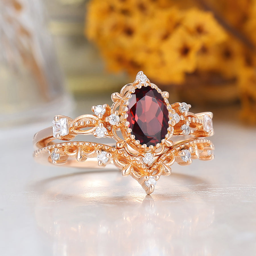 Baroque Natural Red Garnet Filigreed Engagement Ring Set Handmade Promise Anniversary Bridal Ring