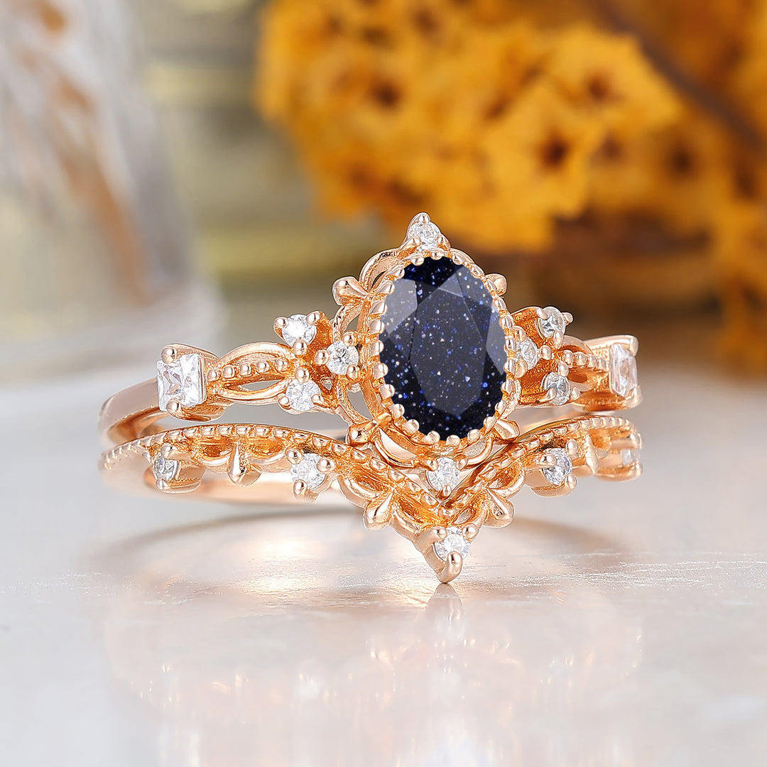 Antique Filigreed Milgrained Blue Sandstone Bridal Ring Set Handmade Promise Rings