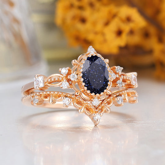 Antique Filigreed Milgrained Blue Sandstone Bridal Ring Set Handmade Promise Rings