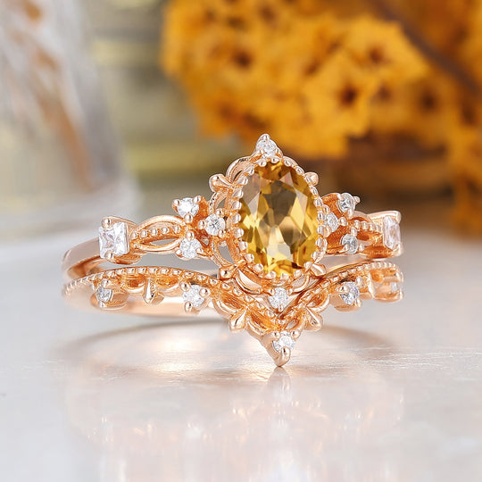 Vintage Filigreed Citrine Engagement Ring Set Anniversary Promise Rings