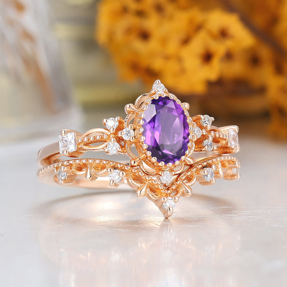 Art Deco Milgrain Natural Amethyst Bridal Ring Set 14K Gold Anniversary Women Ring
