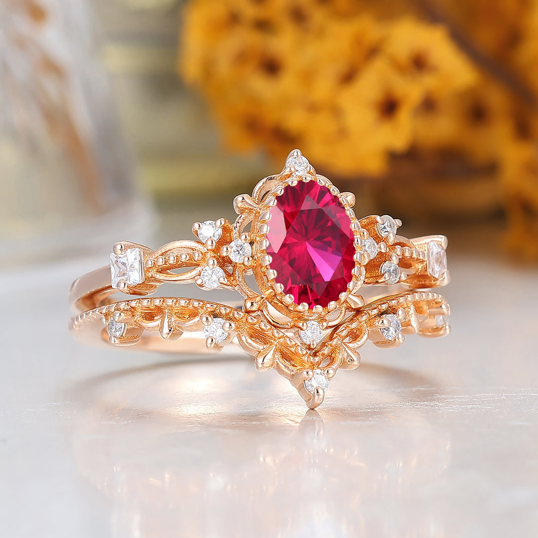 Vintage Filigreed Ruby Engagement Ring Set Anniversary Promise Rings
