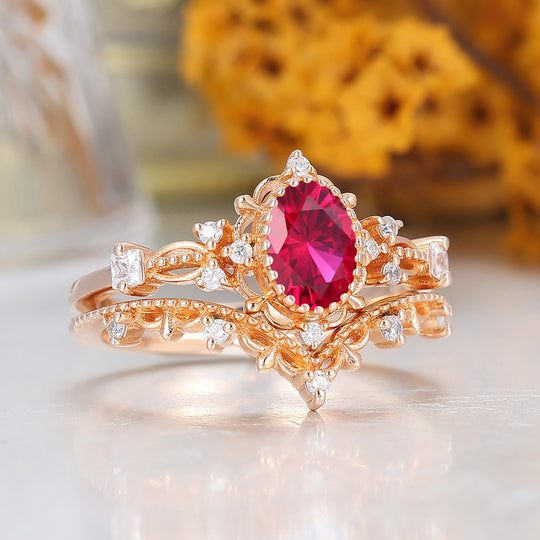 Vintage Filigreed Ruby Engagement Ring Set Anniversary Promise Rings