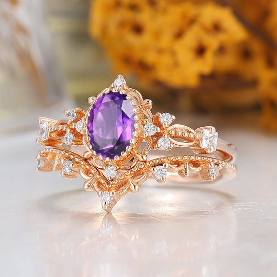 Ensemble de bagues de mariage Art déco Milgrain avec améthyste naturelle, bague anniversaire pour femme en or 14 carats