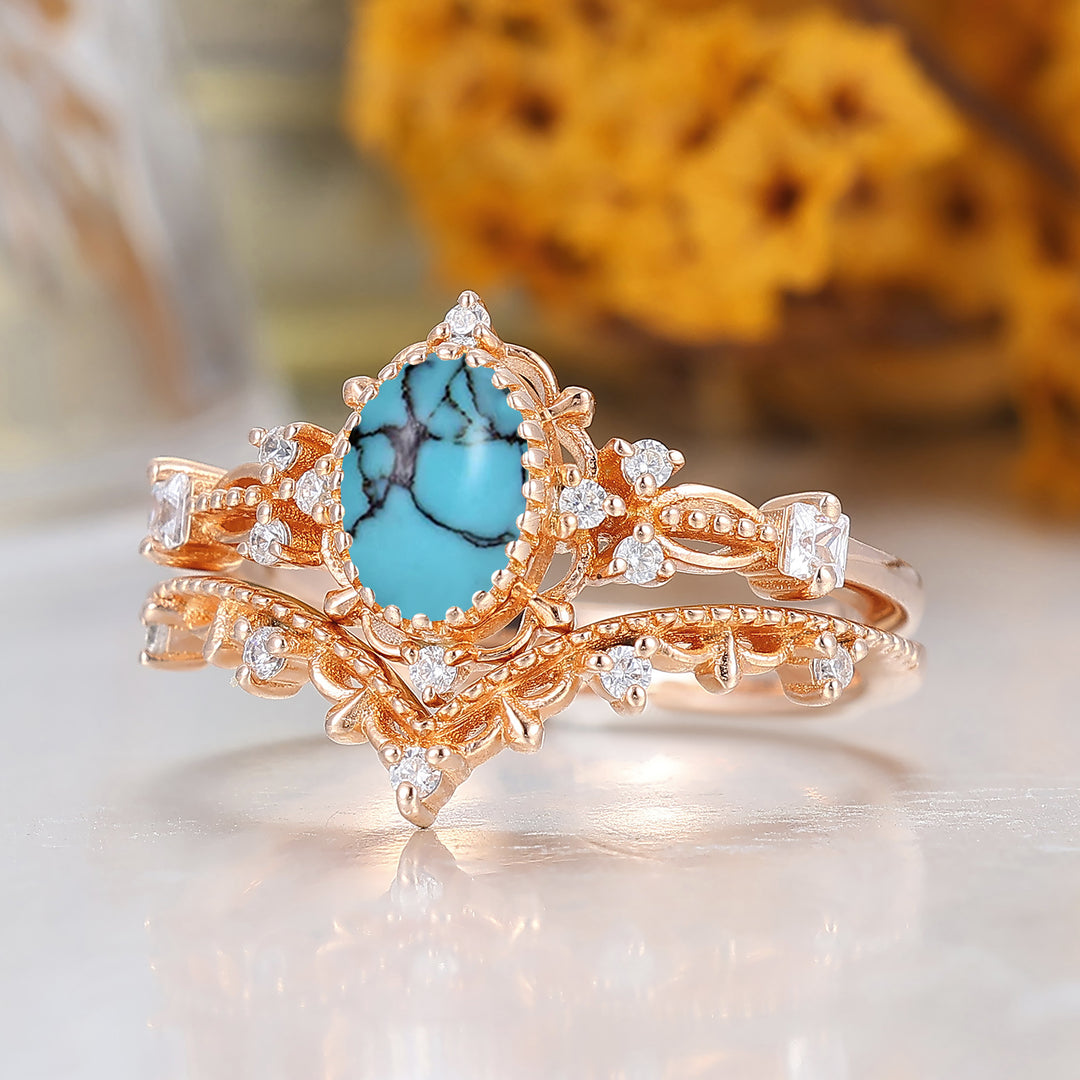 Vintage Filigreed Turquoise Engagement Ring Set Anniversary Promise Rings