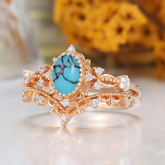 Vintage Filigreed Turquoise Engagement Ring Set Anniversary Promise Rings