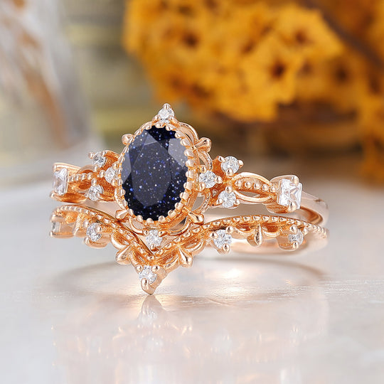 Antique Filigreed Milgrained Blue Sandstone Bridal Ring Set Handmade Promise Rings