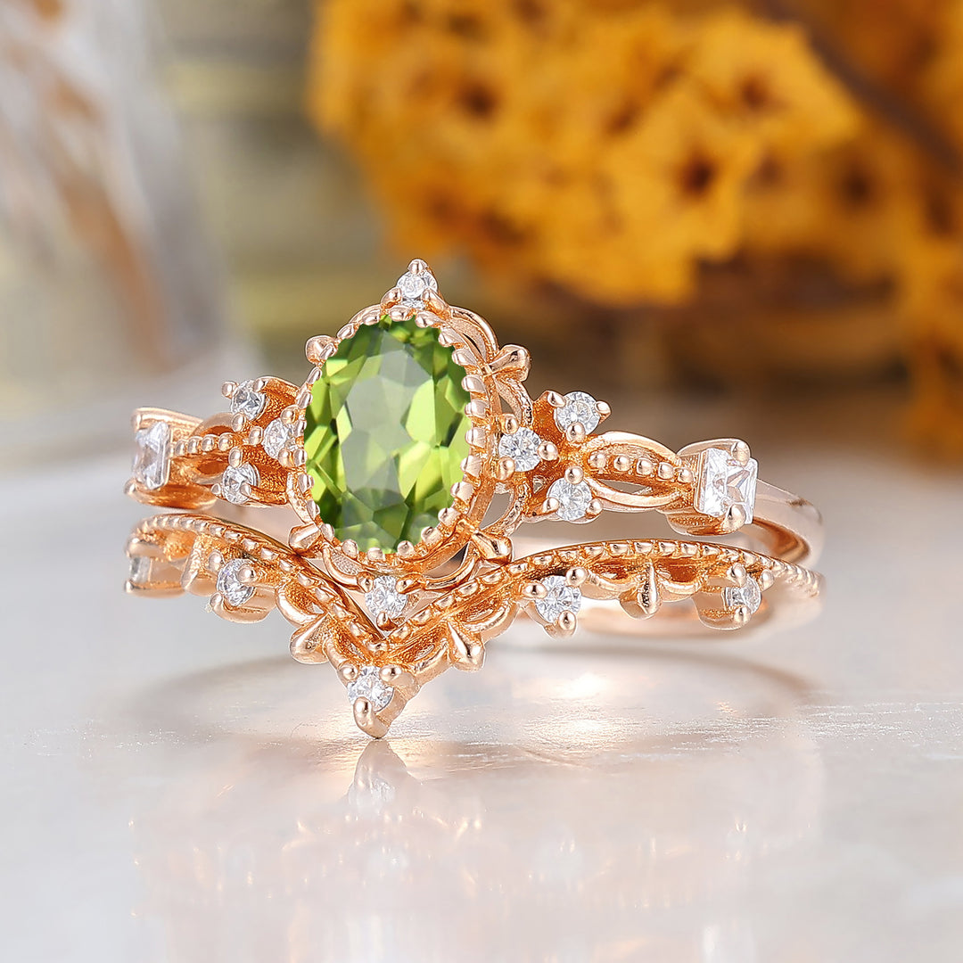 Vintage Blumen Peridot Brautring Set 14K Massivgold Jubiläumsring für Damen