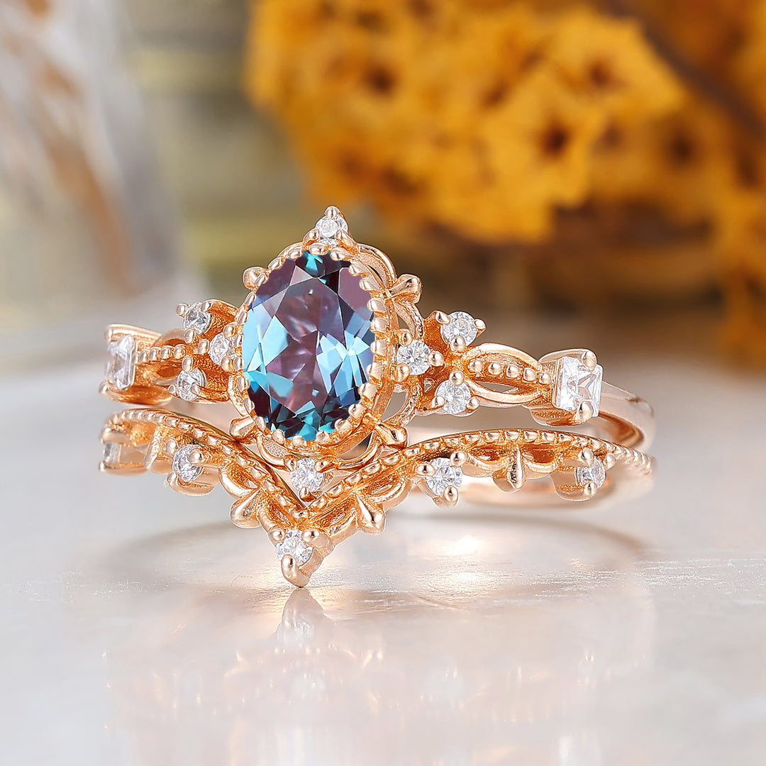 Vintage Inspired Milgrain 1CT Oval Cut Alexandrite Bridal Ring Set Solid Rose Gold Filigree Wedding Rings