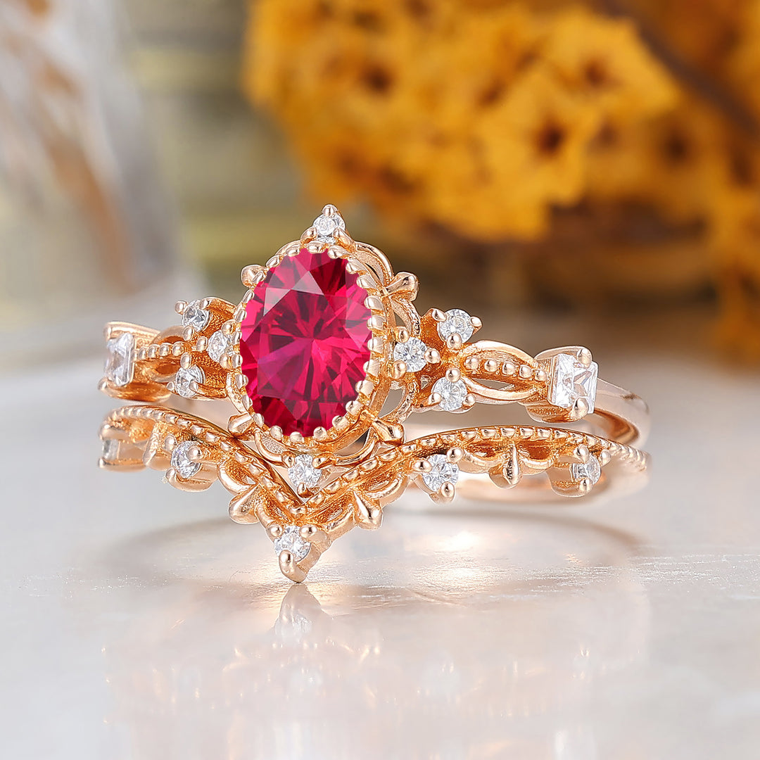 Vintage Filigreed Ruby Engagement Ring Set Anniversary Promise Rings