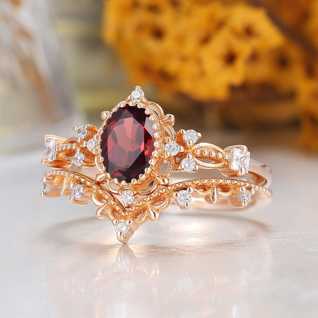 Baroque Natural Red Garnet Filigreed Engagement Ring Set Handmade Promise Anniversary Bridal Ring