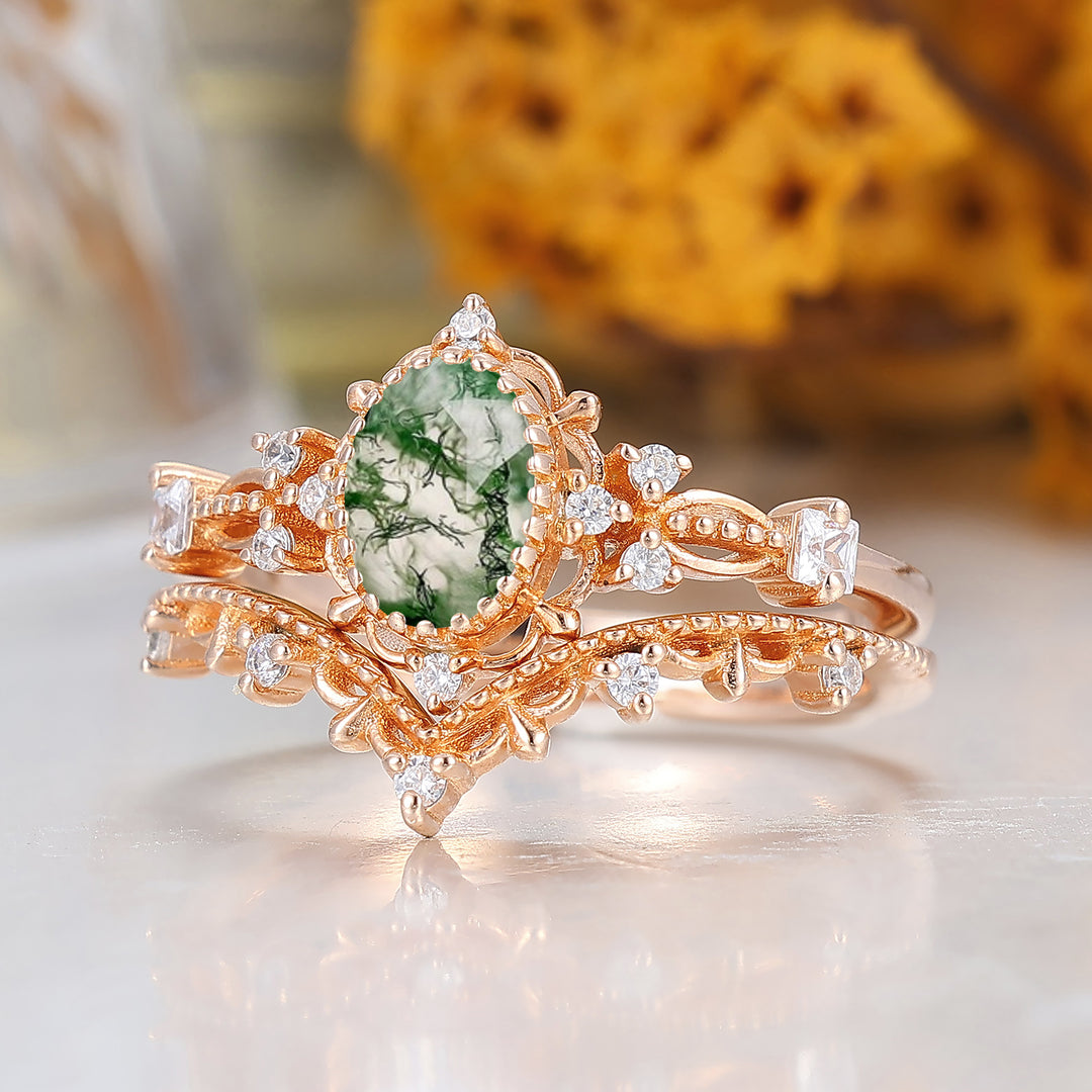 Vintage Floral Oval Shape Moss Agate Engagement Ring Set Rose Gold Milgrained Women Ring -  Esdomera.com