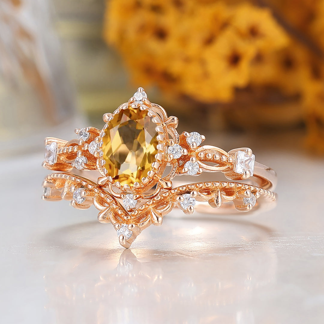 Vintage Filigreed Citrine Engagement Ring Set Anniversary Promise Rings