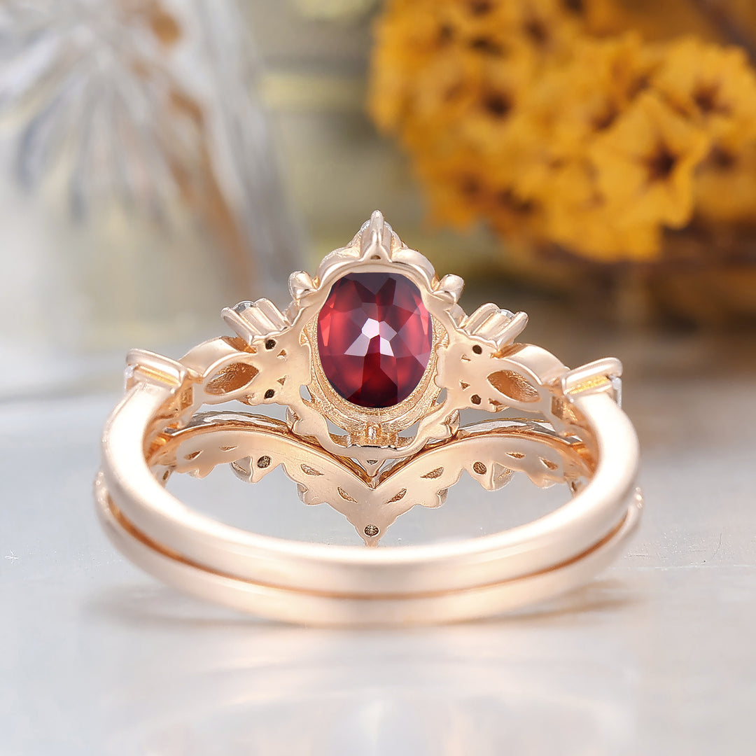 Baroque Natural Red Garnet Filigreed Engagement Ring Set Handmade Promise Anniversary Bridal Ring