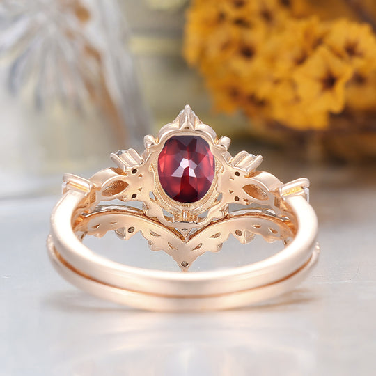 Baroque Natural Red Garnet Filigreed Engagement Ring Set Handmade Promise Anniversary Bridal Ring