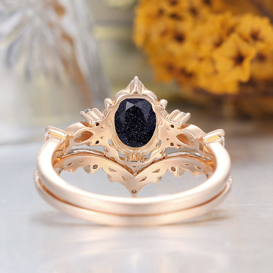 Antique Filigreed Milgrained Blue Sandstone Bridal Ring Set Handmade Promise Rings