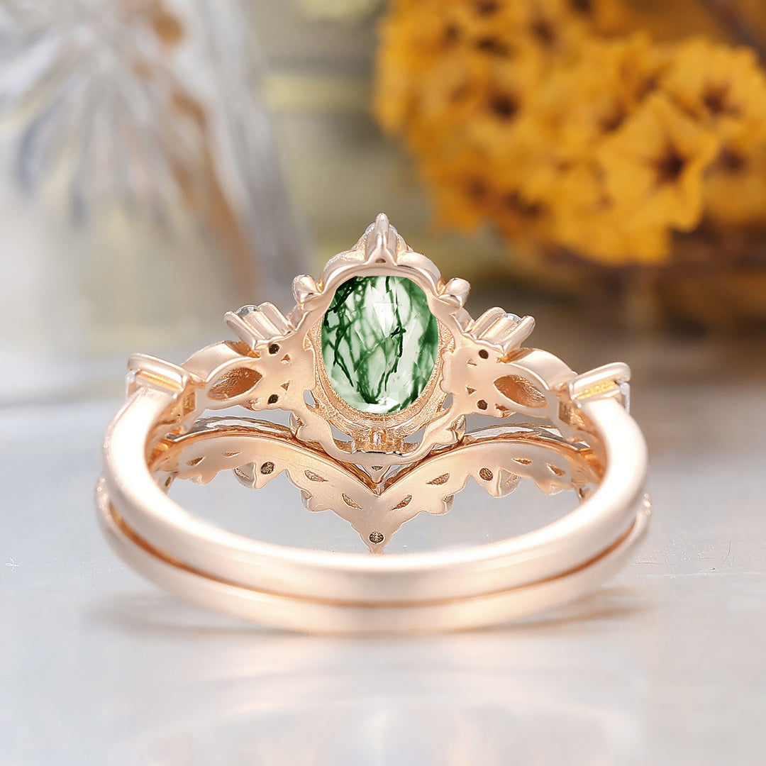 Vintage Floral Oval Shape Moss Agate Engagement Ring Set Rose Gold Milgrained Women Ring -  Esdomera.com