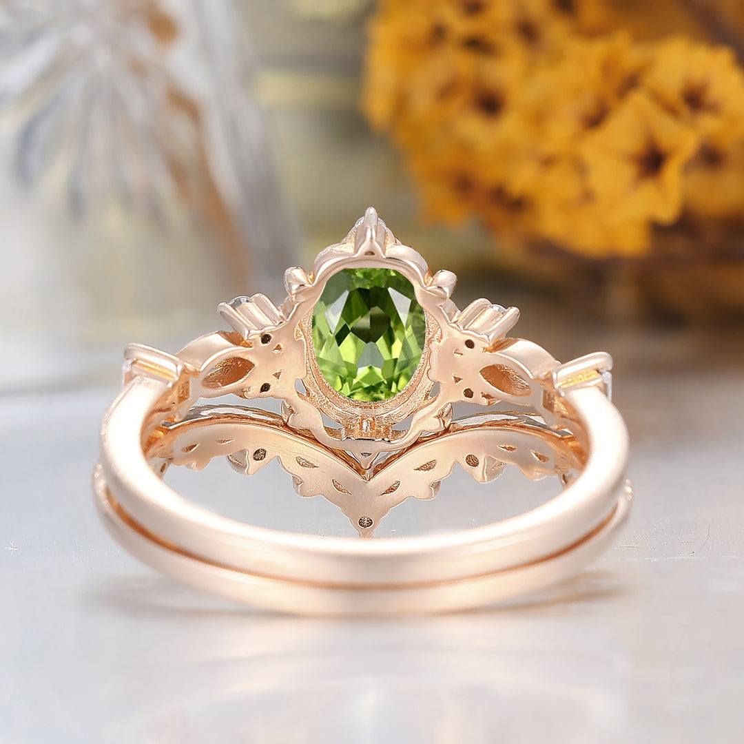 Vintage Blumen Peridot Brautring Set 14K Massivgold Jubiläumsring für Damen